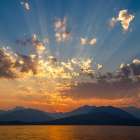 USA, Washington State, Seabeck. Vivid sunset over Hood Canal and Olympic Mountains. Art Print